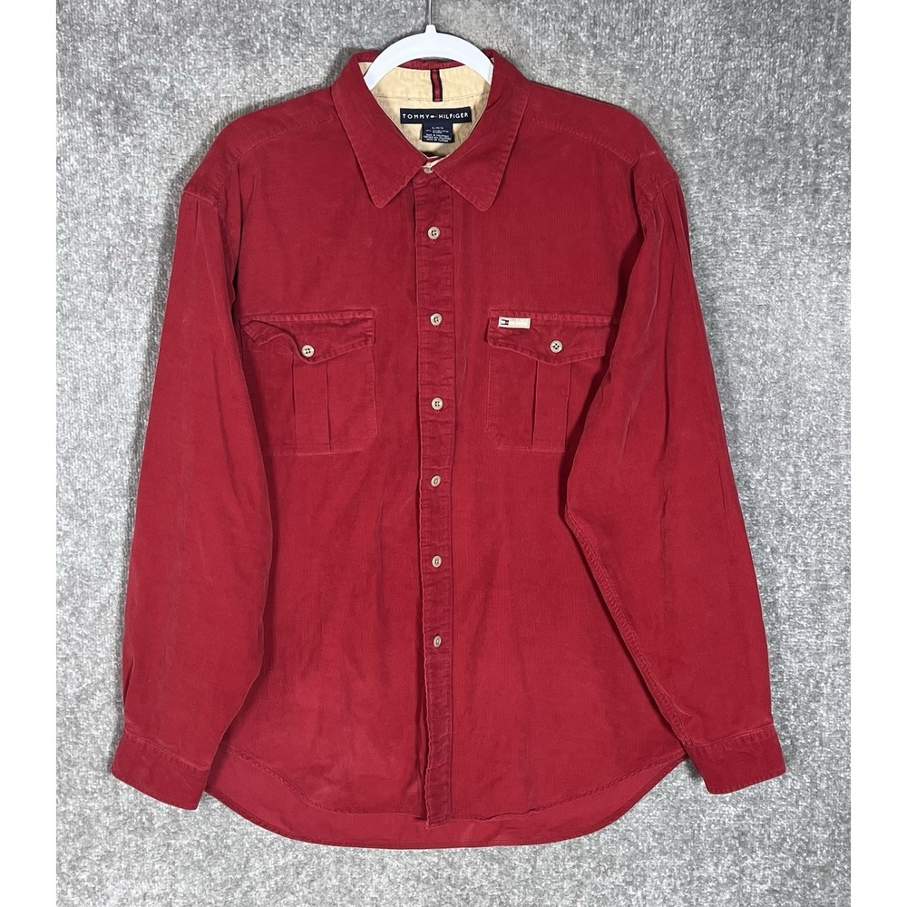 Vintage Tommy Hilfiger Corduroy Button Up Shirt Mens Size XL Red Cotton Pockets